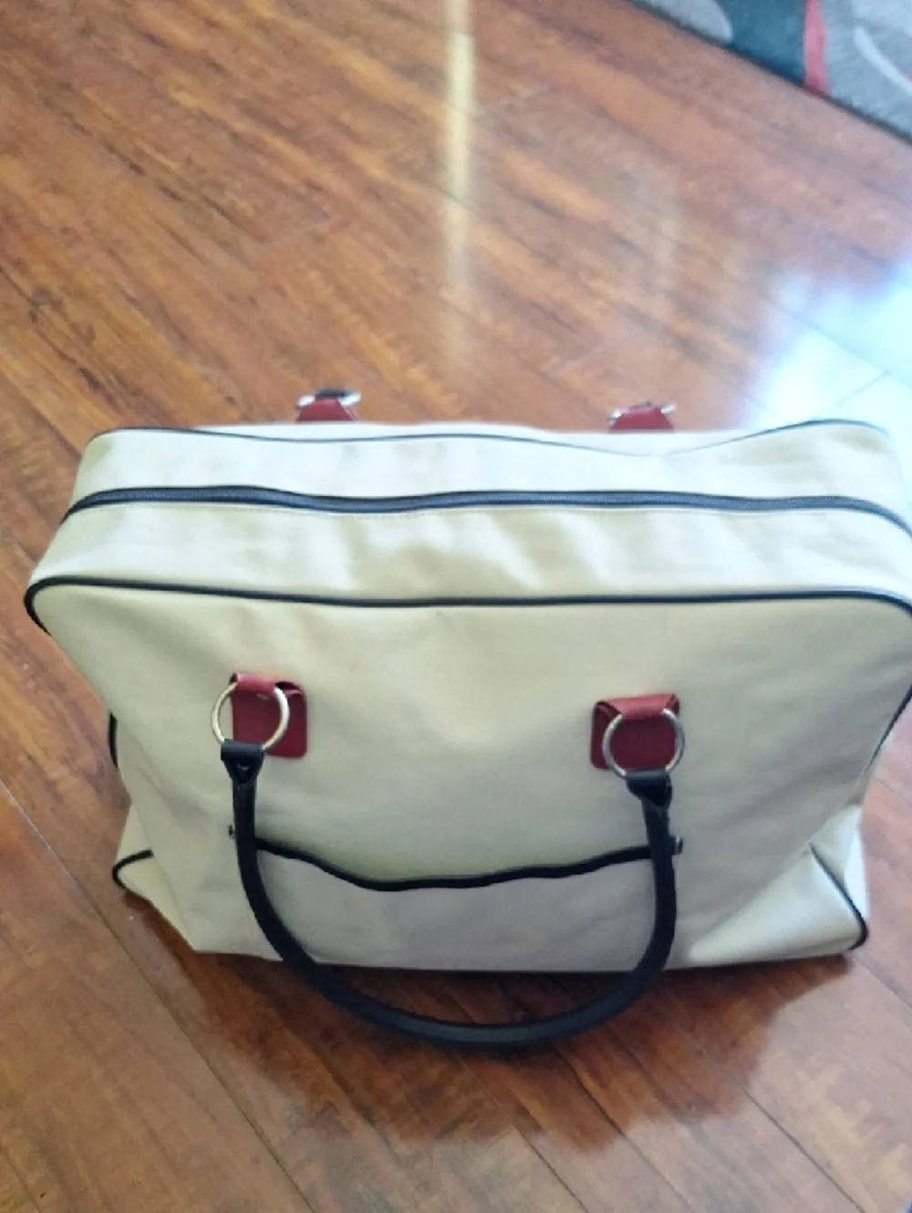 Estee Lauder Cream Duffel Weekender Vintage Bag Handles White, Red & Blue